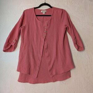Coldwater‎ Creek Pink Textured Crinkle Button Front Tunic Top Petite Medium